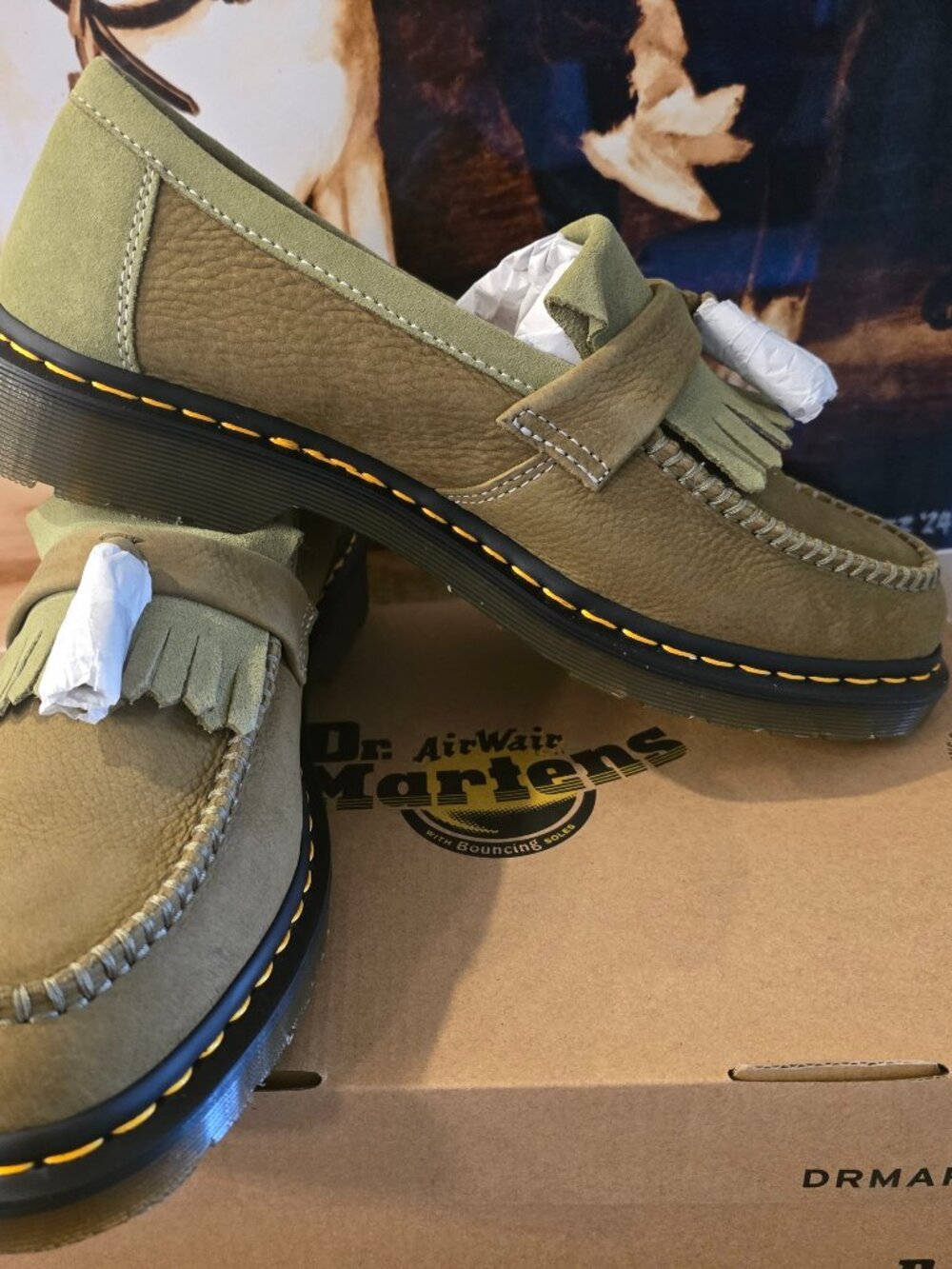 Dr Martens Adrian Muted Olive Green Tumbled Leather Tassel Loafers Mens 12 NEW